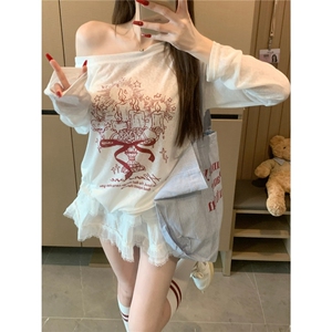 美式斜肩印花T恤春夏长袖罩衫防晒上衣女2025新款宽松设计感显瘦图片