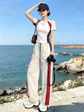 潮流时尚休闲运动套装女夏季新款显瘦竖纹圆领短袖上衣长裤两件套，女装套装/套裙，江南
