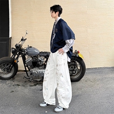 美式潮牌手绘白牛仔库男女直筒春夏时尚复古宽松弯刀裤，男装休闲裤，星座506A