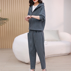 春季新款时尚针织连帽套装显瘦修身休闲两件套，女装套装/套裙，梦芯尔