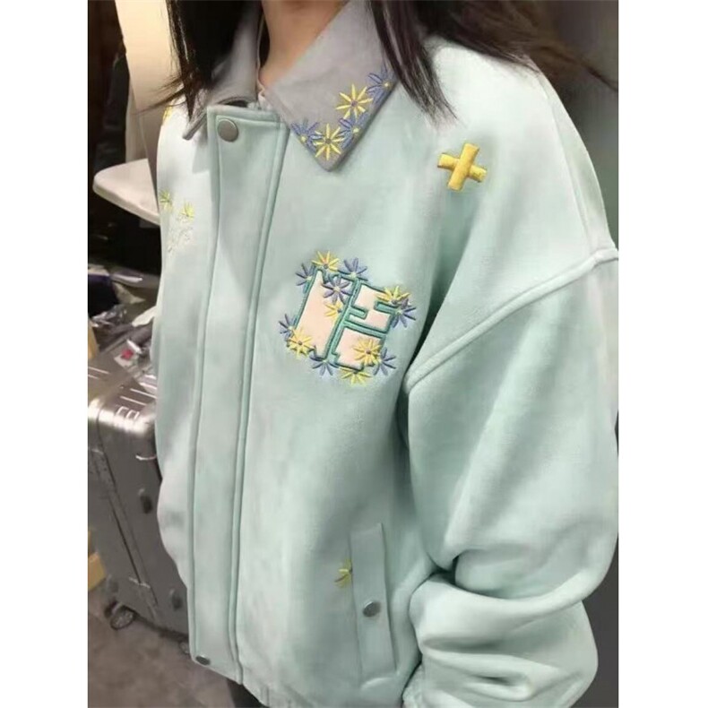 刺绣雏菊美式复古鹿皮绒棒球服外套女学生春秋新款宽松翻领夹克潮,男装夹克,星座506A