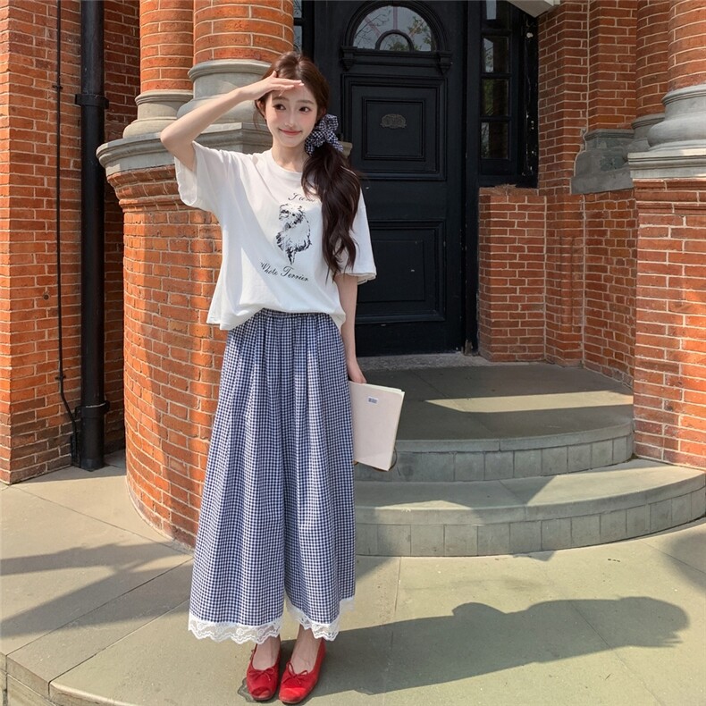 慵懒风印花T恤格子阔腿裙裤套装女2025夏季新款休闲小个子两件套,女装套装/套裙,千寻