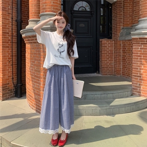 慵懒风印花T恤格子阔腿裙裤套装女2025夏季新款休闲小个子两件套图片