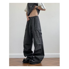 美式复古多口袋褶皱工装裤男女高街潮牌做旧阔腿裤K9002-P66网图，女装牛仔裤，电商B245