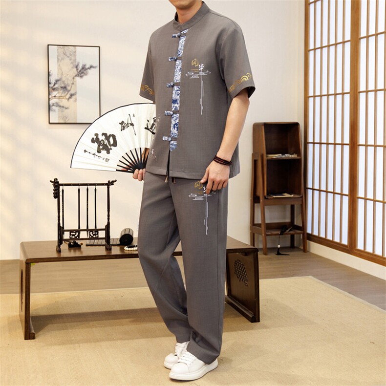 潮风套装男新中式短袖衬衫时尚休闲长裤两件套JZ303-P63,男装T恤,星座310B-3
