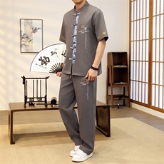 潮风套装男新中式短袖衬衫时尚休闲长裤两件套JZ303-P63，男装T恤，星座310B-3