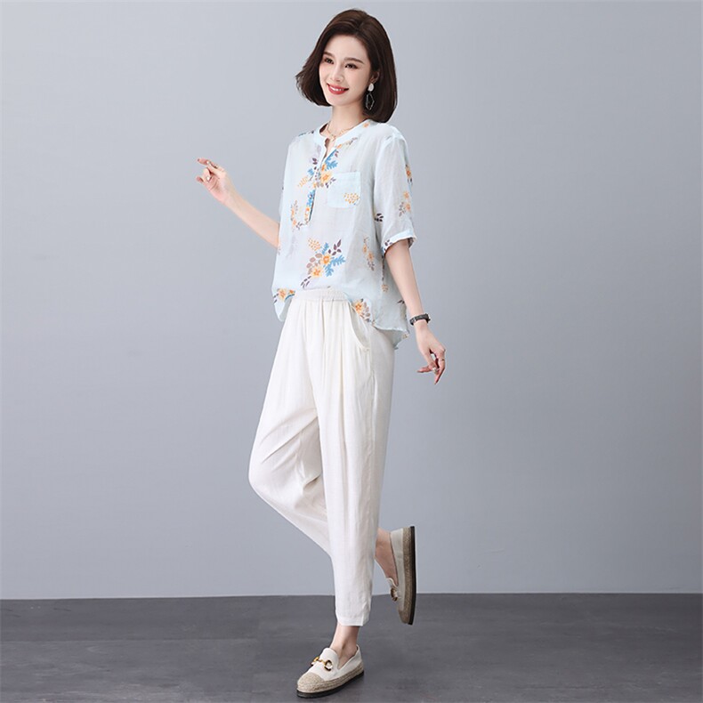 薄款棉麻休闲套装女夏季2025新款中年妈妈时尚洋气亚麻衬衫两件套，女装套装/套裙，凝聚力