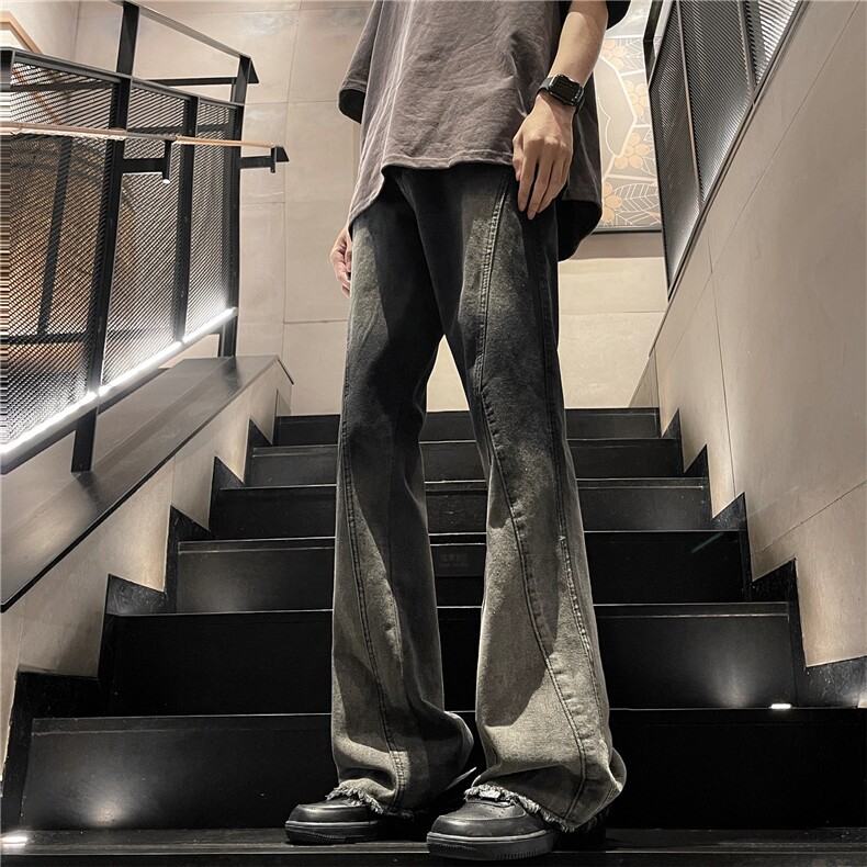 毛边微喇牛仔裤男生春秋季美式高街阔腿裤潮牌直筒宽松垂感休闲裤图片