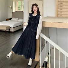 春现明线复古日系牛仔马甲连衣裙套装B190-506-P185-K258，女装套装/套裙，2B190