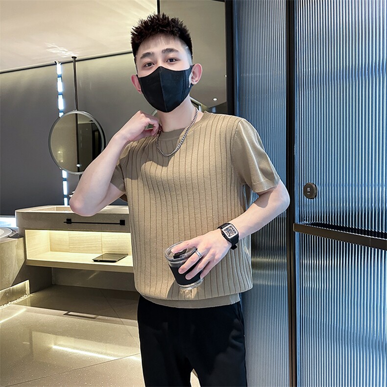 2026夏季短袖T恤圆领针织半袖坑条上衣纯色冰丝休闲上衣T0268-P50,男装T恤,电商D342