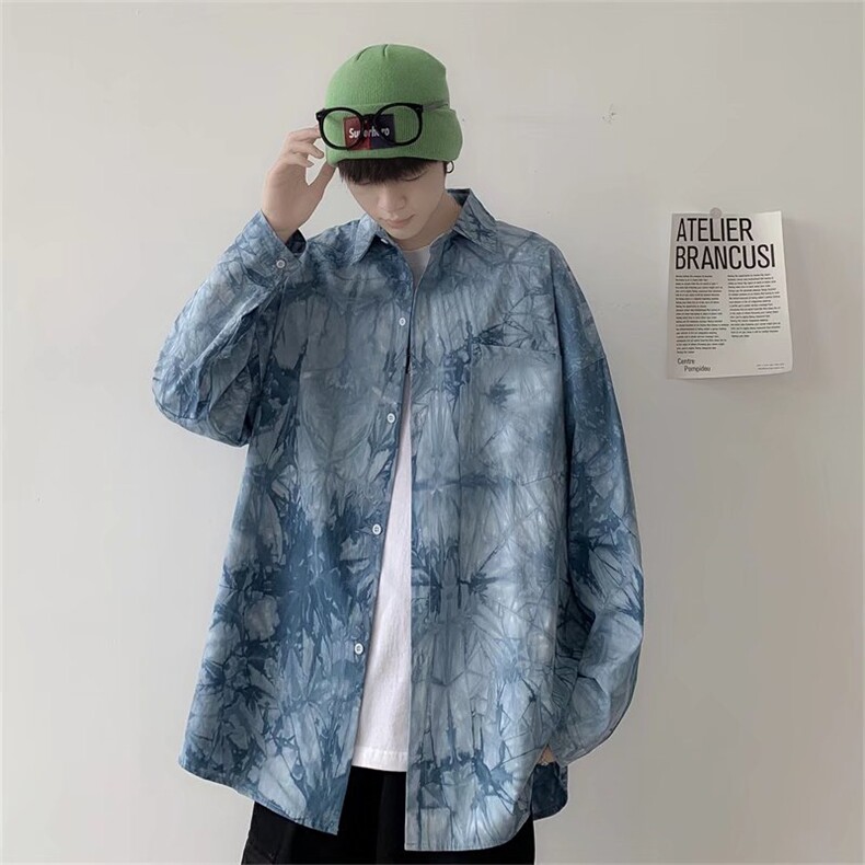 ins潮流薄衬衫男春夏宽松休闲印花长袖衬衣港风百搭外套C121p33,男装衬衫,星座1013