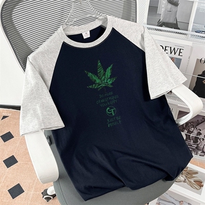 纯棉短袖插肩T恤重磅夏季宽松撞色拼接半袖圆领拼色图片