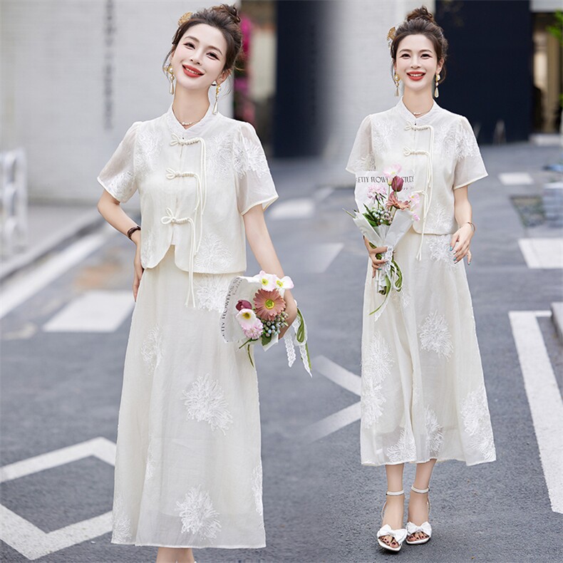 新中式国风套装女2024夏季新款时尚气质优雅显瘦吊带连衣裙两件套,女装套装/套裙,卡杰菲