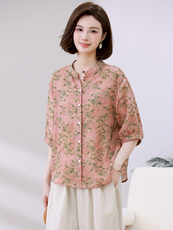 文艺复古立领碎花苎麻衬衫2024夏季新款薄款亚麻开衫大码显瘦上衣，女装衬衫，忆绮罗