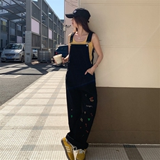学院风黑色牛仔背带裤女2025超火流行夏季新款卡通刺绣减龄休闲裤，女装背心吊带，2D080