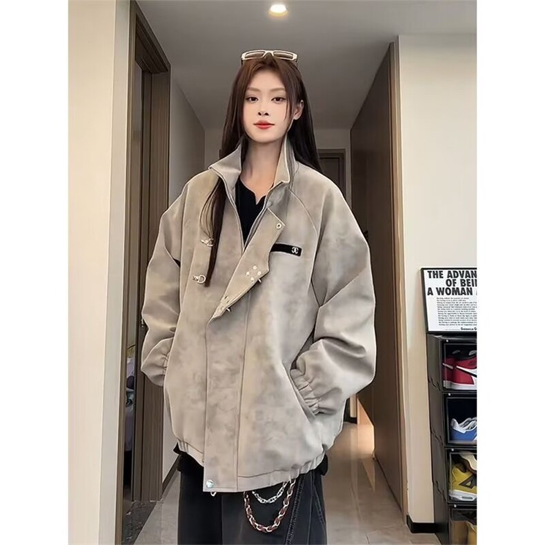 J509-P75设计感金属飞机扣扎染皮革夹克男女2025秋季宽松美式,男装夹克,电商B323A