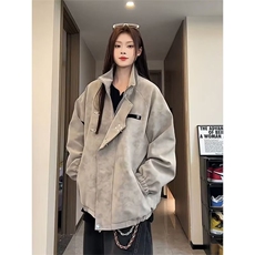J509-P75设计感金属飞机扣扎染皮革夹克男女2025秋季宽松美式，男装夹克，电商B323A