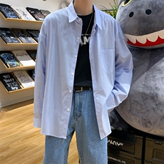 盐系衬衫雾霾蓝轻熟风男装搭配春秋穿搭ins超火服条纹衬衣-C383，男装衬衫，星座601-2