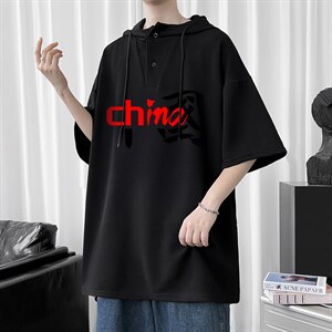 LD54189-P45 连帽短袖t恤男大码胖子带帽五分袖中袖图片