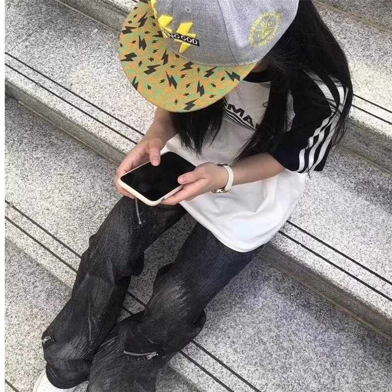 美式复古重磅水洗拉链微喇扎染牛仔裤男高街vibe直筒宽松休闲长裤图片