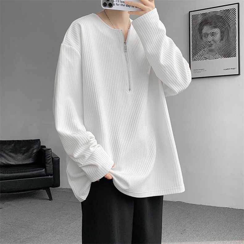 港风肌理感长袖t恤男款春秋季潮流半拉链重磅cleanfit休闲上衣服,男装T恤,电商A059