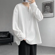 港风肌理感长袖t恤男款春秋季潮流半拉链重磅cleanfit休闲上衣服，男装T恤，电商A059