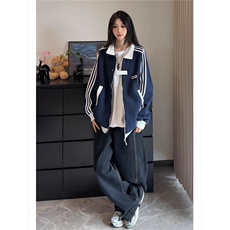 网图现货藏青色美式撞色翻领秋冬运动外套W023特P50，女装短外套，星座205-3