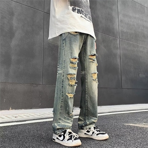 高街vibe风直筒割破洞牛仔长裤hiphop男女休闲裤N0951-P45图片
