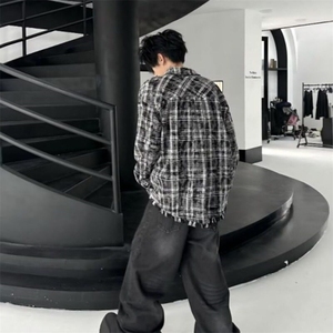 2025新款嘻哈扎染格纹破坏毛边衬衫男女宽松百搭秋季长袖衬衣外套图片