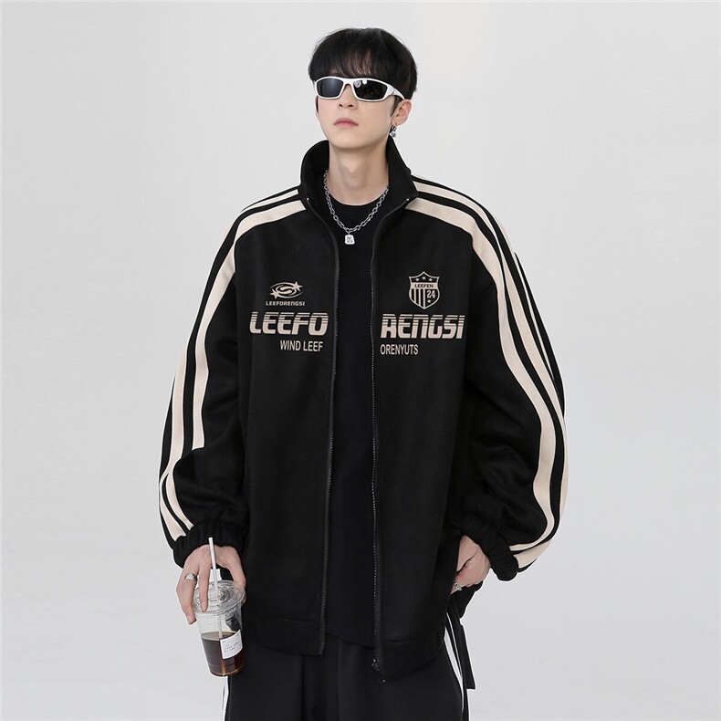 春季新款美式側条纹棒球服男麂皮绒夹克高街痞帅运动外套潮p68,男装夹克,电商C307