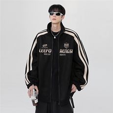 春季新款美式側条纹棒球服男麂皮绒夹克高街痞帅运动外套潮p68，男装夹克，电商C307