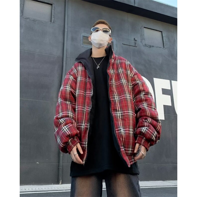 双面秋冬美式复古条纹格子两面穿棉服男面包服棉衣外套W3343-P89,男装棉衣,星座1109-3