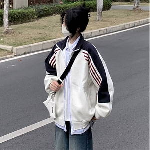 抖音得物高品质26春装美式高街重磅织带拼接撞色立领卫衣外套CM41图片