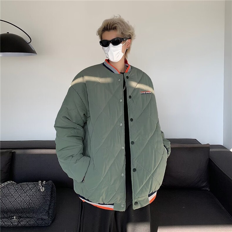 冬季潮牌菱形格保暖棉衣男高级感棒球服复古宽松棉袄M8008-P68,男装棉衣,星座1109-3