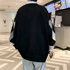 秋冬新款针织衫男女开衫毛衣宽松慵懒风拼色菱格MY168P60鹿毛绒，男装针织衫/毛衣，星座1116-2