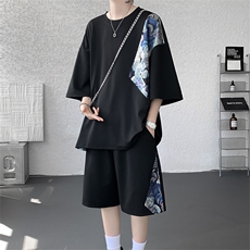 TZ792-特批50控98夏季冰丝潮流大码小熊撞色短袖短裤套装男，男装牛仔裤，电商A059