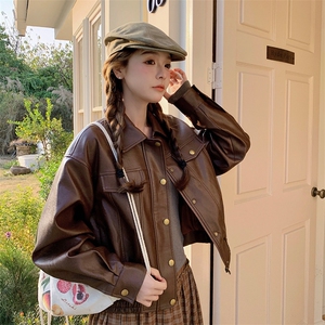 港风复古咖色皮衣外套女2025春季新款小个子时尚炸街短款PU皮夹克图片
