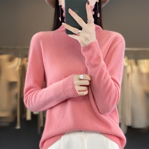 高端一线成衣女高领秋冬羊毛针织套头毛衣堆领翻领上衣图片