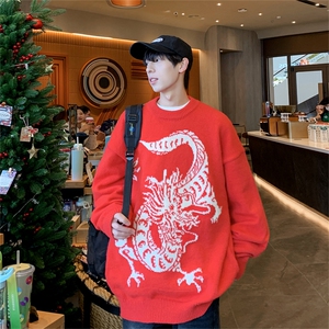 M8199/P65 圣诞节新年主题款毛衣男女同款宽松大码红色针织衫外套图片
