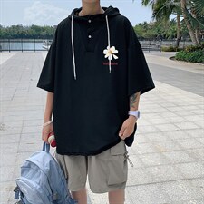 LD54059-P45连帽短袖t恤男大码胖子带帽五分袖中袖，男装T恤，电商A040