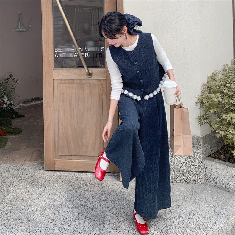 蕾丝拼接牛仔马甲套装裤女春秋2025新款韩系长袖打底阔腿裤三件套,女装套装/套裙,2C203
