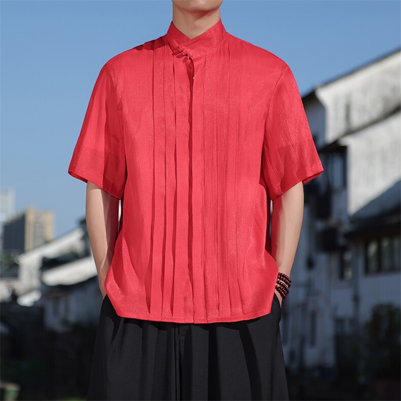 新品风条纹褶皱轻薄透气夏季休闲手工盘扣高领短袖上衣30507,男装T恤,星座305A（原312A-1）