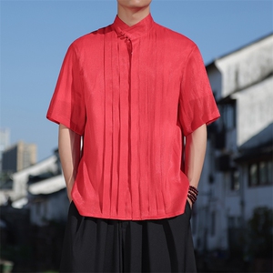 新品风条纹褶皱轻薄透气夏季休闲手工盘扣高领短袖上衣30507图片