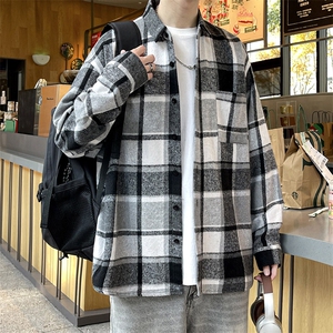 春季小香风衬衫翻领男大皂大码宽松痞帅外套格子衬衣A012/856Tp35图片