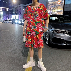 TZ203夏季新款男士T恤短裤套装东北大花大码红色蓝色青年运动套装，男装休闲套装，星座115A(原星座507）
