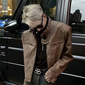 现货感小众高街外套男生短款棕咖色飞行员夹克美式复古机车服皮衣图片