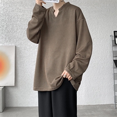 M-8XL春季高级感V领长袖大码麦穗条褶皱垂感冰丝T恤TX3102/特P35，男装T恤，电商B238