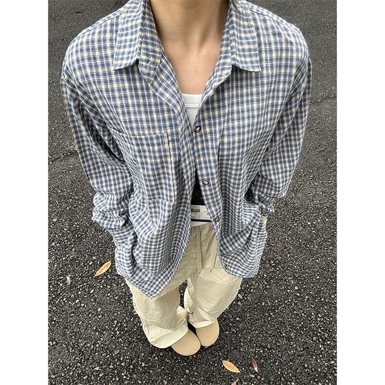 长袖衬衣男夏季新品港风宽松大码青年蓝色格子衬衫 CS279-P40图片