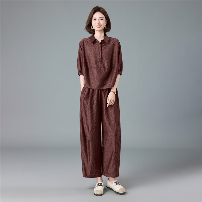 现货2026夏季新款宽松大码洋气减龄莱赛尔提花衬衫套装两件套，女装套装/套裙，深水步