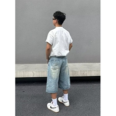 夏季复古泼墨水洗蓝色牛仔短裤男宽松设计感七分裤子N7888，男装牛仔裤，星座1116A（原606A-3）
